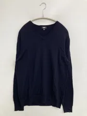 UNIQLO ユニクロ ニット/セーター L ネイビー ウール・ニット 無地 ミドル丈 長袖 Vネック メンズ