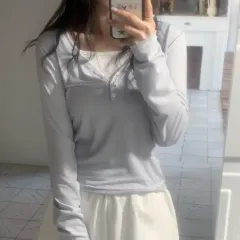 ストライプ ボタン 長袖Tシャツ
