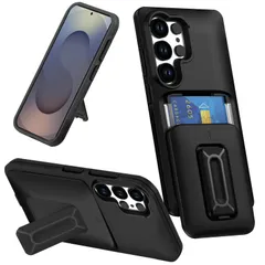 対応 Galaxy S25 Ultra ケース カード収納 2枚 耐衝撃 TPU+PC 米軍MIL規格取得 ICカード収納 スタンド機能 縦横両対応 レンズ保護 擦り傷防止 滑り止め ギャラクシーS25Ultraケース 落下防止 指紋防止 全面保護カバー (ブのサムネイル