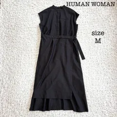 HUMAN WOMAN コットンポリレーヨンリネンワンピース セットアップ風 巻きスカート風 フレンチスリーブ チャコールグレー Mのサムネイル