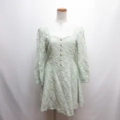 ピンキーガールズ Pinky Girls 花柄刺繍 総レース ワンピース M 薄緑 グリーン 七分袖 裏地付きのサムネイル