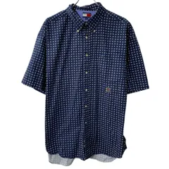 90s TOMMY HILFIGER 半袖 総柄シャツ XL ネイビー トミーヒルフィガー ボタンダウン 90年代 総柄 ロゴ刺繍 半シャツ 夏物 a806-6838のサムネイル