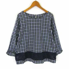 グローブ grove ブラウス プルオーバー チェック レース 切替 コットン 7分袖 L 紺 ネイビー 黄 イエロー 白 ホワイトのサムネイル