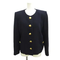 イヴサンローラン YVES SAINT LAURENT ノーカラージャケット 上着 ウール 34 ネイビー 紺 金ボタン ヴィンテージ ラウンドネック 長袖 /PP ■GY62のサムネイル