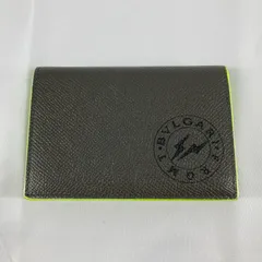 【10%OFFクーポン配布中】BVLGARI（ブルガリ）フラグメント　ロゴ　カードケース　レザー　グレー×イエロー