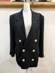 N85★Vintage yoshie inaba/ヨシエイナバ シルク100%レディースダブルジャケット ブラック レディース Mサイズ相当 レトロ USED ★のサムネイル