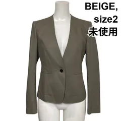 ◆ 未使用 ベイジ BEIGE, Decade ノーカラージャケット ブレザー 長袖 Vネック シングルボタン グレージュ 毛 2 M 9号 レディース S6H071のサムネイル