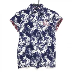 【美品】ゾーイ 半袖ポロシャツ ネイビー×白 花総柄 一部チェック ストレッチ 袖口異素材 レディース 40(L) ゴルフウェア ZOYのサムネイル