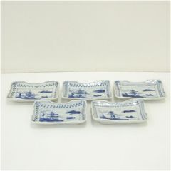 源右衛門窯 染付四海波 四角皿 銘々皿 菓子皿 5客組 未使用品 共箱