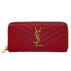 本物 サンローラン SAINT LAURENT YSL カサンドラ Vステッチ レザー ラウンドファスナー 長財布 ロングウォレット レッド 財布 ウォレット 中古・