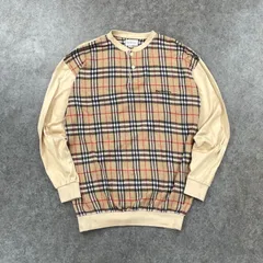 日本製 Vintage Old Burberrys' BURBERRY オールド バーバリー 長袖 ポロシャツ カットソー スタンドカラー  ノバチェク バーバリーチェック ロゴ刺繍 ベージュ ヴィンテージ ビンテージのサムネイル