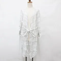 ザラウーマン ZARA WOMAN ブラウス シャツ 長袖 ノーカラー ロング リボン チェック柄 白 黒 ホワイト ブラック Mのサムネイル