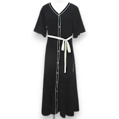 プロポーション ボディドレッシング PROPORTION BODY DRESSING 五分袖 ニット ワンピース ロング丈 M 黒系 ブラック バイカラー Vネック 伸縮性のサムネイル
