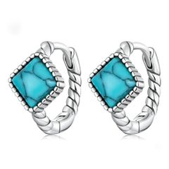 Small, elegant sterling silver (925) dangling hoop earrings with a square geometric shape and turquoise stones. Suitable for both ears. Hypoallergenic. Fashionable women's accessory.