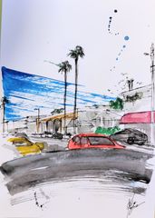原画#3351　ラスベガス　水彩画　ドローイング　スケッチ　アート　絵画　風景画 原画#574 ロサンゼルス 車 水彩画 ドローイング インテリア アート