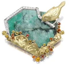 石川暢子 ブローチ エメラルド 68.00ct サファイア ダイヤ ダイヤモンド 3way 鳥 トリ Pt900/K18YG 箱/ソ #192918のサムネイル