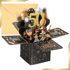 【新品】 PATIKIL バースデーカード 誕生日カード 50歳祝 3Dポップ アップ 誕生日ご挨拶カード 封筒付き 飛び出すメッセージカード 女性 女の子 男の子 お母さん 贈り物 記念 装飾 黒と金色