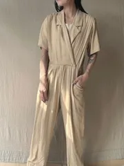 【シルク】 80s 90s Vintageオールインワン / 7 8 ベージュ 半袖 オープンカラー レディース T6-05019-9376のサムネイル