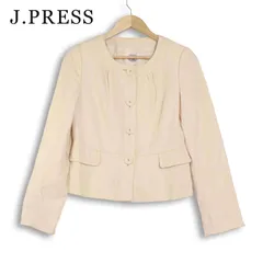 J.PRESS ジェイプレス 春夏★ リネン ツイード ショート ストレッチ ノーカラー ジャケット Sz.9 レディース 白のサムネイル