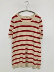 UNIQLO ユニクロ ニット/セーター M ベージュ コットン リネン・麻 ニット ボーダー柄 ミドル丈 半袖 クルーネック(丸首) レディース