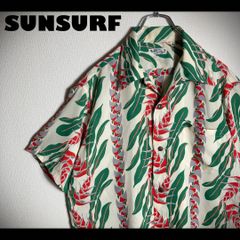 美品】SUNSURF アロハシャツ 半袖 美人画 藤の花 日本庭園 水色 M