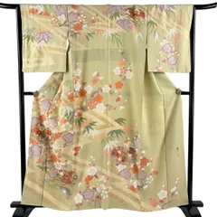 訪問着 身丈159.5cm 裄丈65.5cm M 袷 松井青々 落款 団扇 梅 金糸 金銀彩 抹茶色 正絹 逸品 【中古】のサムネイル