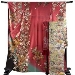 【美品】 振袖 身丈165cm 裄丈68cm L 袷 袋帯フルセット 糸巻き 桜 金彩 染め分け ピンク 正絹 秀品 【中古】のサムネイル