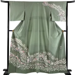 【美品】 訪問着 身丈163.5cm 裄丈64.5cm M 袷 翠山工房 落款 辻が花 金彩 灰緑 正絹 名品 一つ紋 【中古】のサムネイル