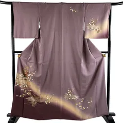 付下げ 身丈163.5cm 裄丈65.5cm M 袷 貝桶 草花 灰紫 正絹 秀品 【中古】のサムネイル
