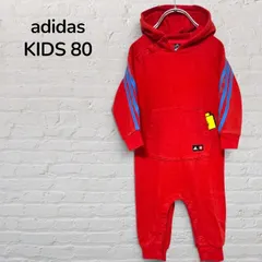 【美品】アディダス　adidas　レゴ　LEGO　コラボ　ロンパース　ジャンプスーツ　カバーオール　キッズ　ベビー　80　1歳　12ヶ月　赤　レッド　長袖　フード付き　パフォーマンスロゴ　スリーストライプ　韓国　古着のサムネイル