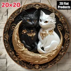 白猫＆黒猫の幻想ラウンドアート 20cm 🌙 ゴールドムーン×猫インテリア 🐈‍⬛🐈 高級感デザイン／壁掛けアートのサムネイル