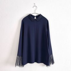 サードマガジン 限定品 襟レース 長袖ブラウス ネイビー シルク 美品 