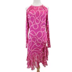美品 UNGARO FEVER ウンガロフィーバー パールチェーン柄 オープンショルダー ドレス ワンピース ティアードフリル 40 ピンク レディース 古着 中古 USEDのサムネイル