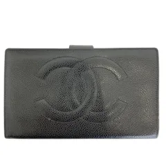 良品 CHANEL シャネル キャビアスキン デカココ がま口 二つ折り財布 ブラック レディース 古着 中古 USED