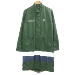 フレッドペリー FRED PERRY モッズコート ロング ジップアップ ワッペン プリント スタンドカラー ナイロン XS カーキ フード欠損 /Xのサムネイル