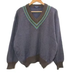 イヴサンローラン YVES SAINT LAURENT toricots ヴィンテージ ニット セーター プルオーバー ウール アルパカ モヘア ストライプ 厚手 Vネック L ブラウン ブルー グリーン /Xのサムネイル