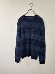 S00399｜Ralph Lauren｜ラルフローレン｜ニット｜セーター｜リネンコットンニット｜麻｜コットン｜総柄｜ネイビー｜メンズ｜XS｜長袖｜古着｜USA古着｜ヴィンテージ｜90S｜Y2K｜アメカジ｜トラッド｜アイビー｜フォロー割｜今期トレンド
