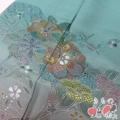 付下げ 付け下げ 訪問着 着物 中古 正絹 袷 紋付 汕頭刺繍 中国刺繍 暈し 花の図 金糸 翠色 身丈160cm 裄68cm M きもの北條 A1384-3のサムネイル