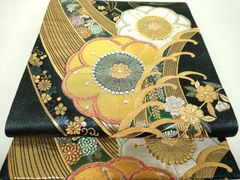 未使用】正絹 九寸名古屋帯 黒地 金糸 流水花文 花柄 仕立て上がり 