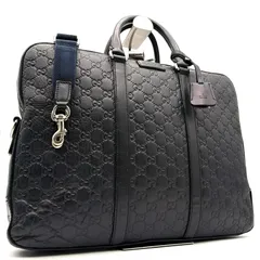 美品 グッチ GUCCI シマレザー GG柄 2way ビジネスバッグ ブリーフケース 書類カバン ショルダーバッグ ネイビー 紺 本革 ボーナス 夏休み 帰省 お盆 敬老の日 サマーギフト シルバーウィーク ご褒美 メンズ 男性のサムネイル