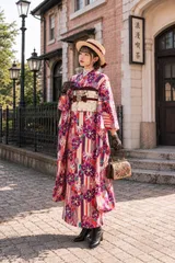 レトロモダン振袖　紫×赤　大胆花柄×ストライプ レトロ可愛い振袖単品 成人式・前撮りにのサムネイル