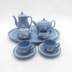 美品 WEDGWOOD ウェッジウッド ジャスパー ペールブルー ミニチュアティーセット 7点 セット オーナメント 飾り 置物 インテリア SU14640L1 のサムネイル