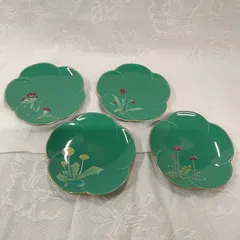 香蘭社 （銘々皿 ・小皿）香蘭社グリーンの磁器です 4枚セット 金彩 和食器 草花柄 輪花皿 タンポポ レンゲ 等  Z043のサムネイル