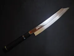 城山刃物製作所(堺業務用刃物メーカー直売)九寸　切付け柳刃　超鋼スーパー本焼き(セミステン)(錆びにくい)平鏡面　表城山刻印入り　黒檀上下水牛(白黒選択可、銀巻き仕様)のサムネイル