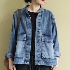 オシャレ レトロ 配色 デニム ジャケット POLOネック 通勤/OL アウター 