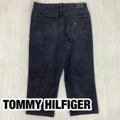 TOMMY HILFIGER JEANS トミーヒルフィガー クロップド デニムパンツ ブラックデニム 刺繍ロゴ 黒 総丈90cm ウエスト88cm 股上32cm 股下58cm ワタリ35cm 裾幅21.5cm 大きいサイズ【古着】のサムネイル