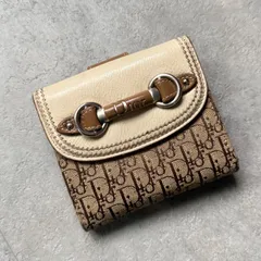 Christian Dior クリスチャンディオール ロゴ金具 トロッター オブリーク 二つ折り財布 キャンバス レザー ブラウン アイボリー wホック