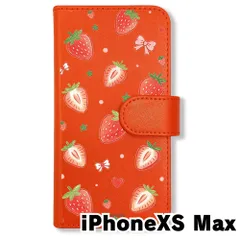 【新品未使用】 iPhone XS Max 手帳型スマホ ケース (色：オレンジ×いちご総柄) いちご 苺 リボン ストローベリー フルーツ 総柄 flip2-iphonexsmax-or-576
