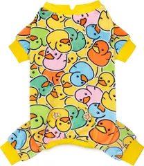 KYEESE 犬の服 犬用パジャマ 小型犬用 ベルベット ドッグウェア 伸縮性 ルームウェア イエローダック柄 柔らかい 着せやすい オールインワン 中型サイズ カラフルダック XLのサムネイル