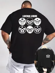 LUCHA LIBRE メキシカンレスラーマスク 両面プリント Tシャツ - メンズ半袖ラウンドネック オーバーサイズ ストリートカジュアル レスリング好き 3カラー展開 洗濯機洗い可 個性ギフトのサムネイル
